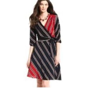 White House Black Market Silk Striped Faux Wrap Midi Dress, Black/Red, Size 4
